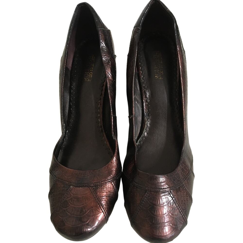 Kenneth Cole Reaction Copper Brown Snake Skin Wedge High Heel Shoes Size 10